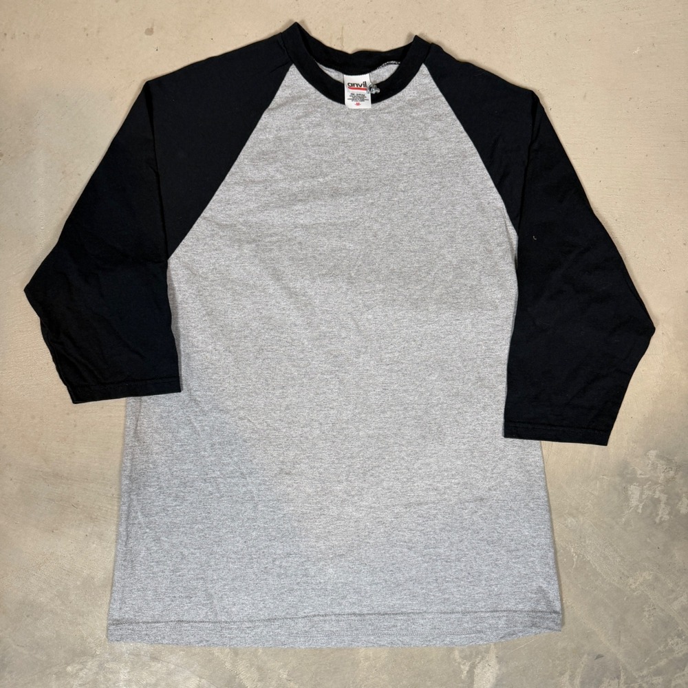 Vintage 90s Anvil Raglan Baseball Tee Gray Black 3/4 Sleeve Mens Medium 2000s